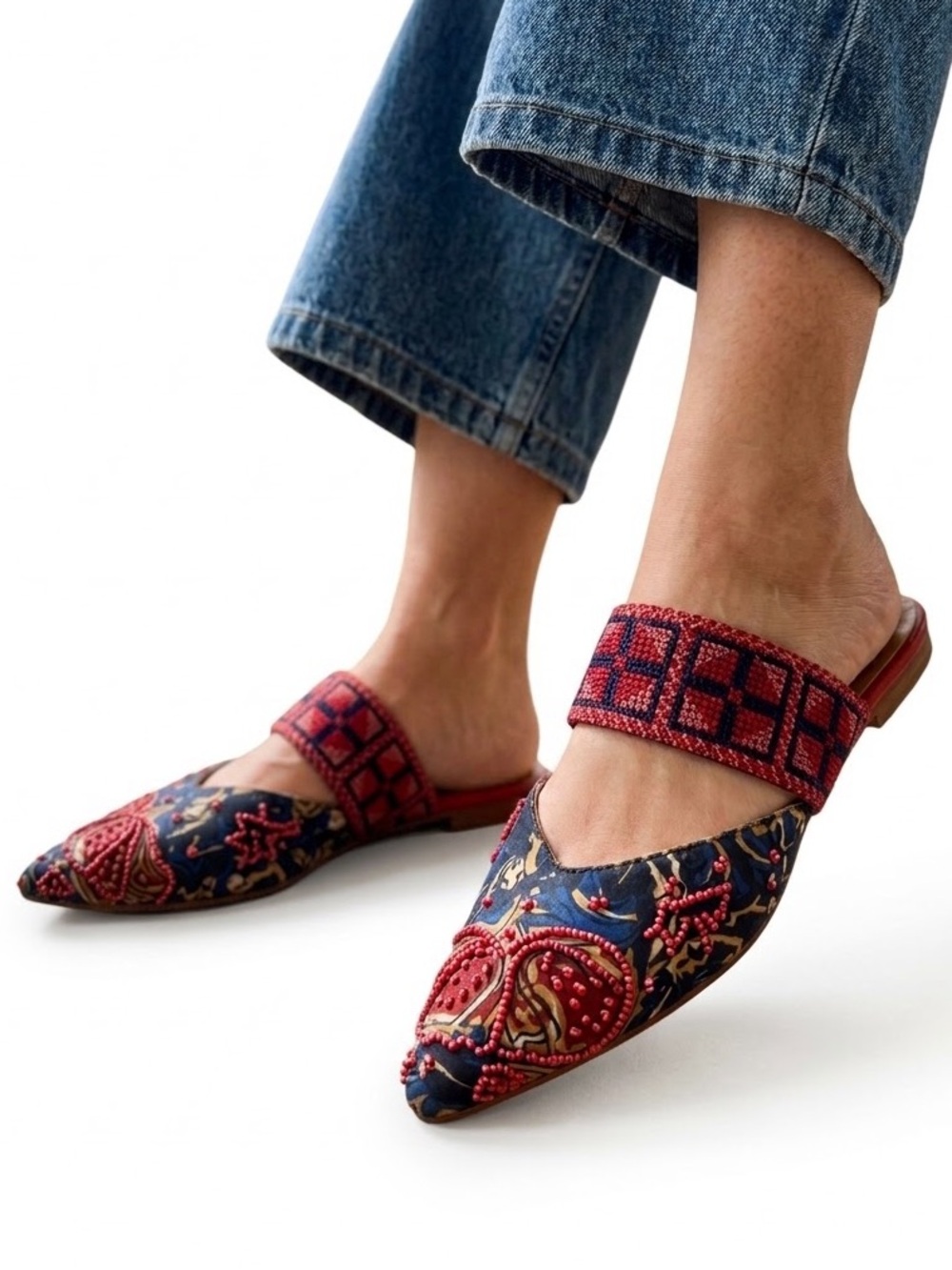 Anthropologie Navy and Red Embroidered Pointed Slip-On Mules